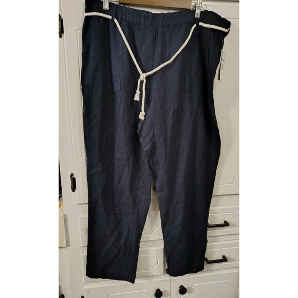 Per Se Linen Blend Pants Womens XL Petite Navy Relaxed Pull On Beachy Classic - Picture 1 of 10